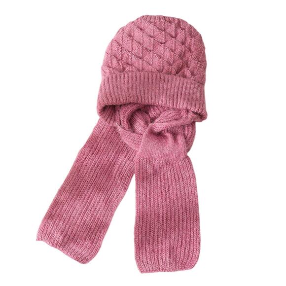 Womens Thick Warm Knitted Hat with Integrated Scarf Pink and Gray - Picture 1 of 5
